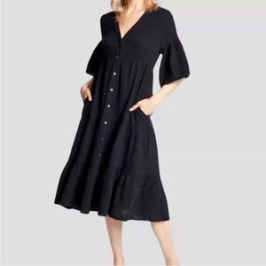 XiRENA Women’s Kendall Button Down Black Midi Dress Pockets Size XS 100% Cotton